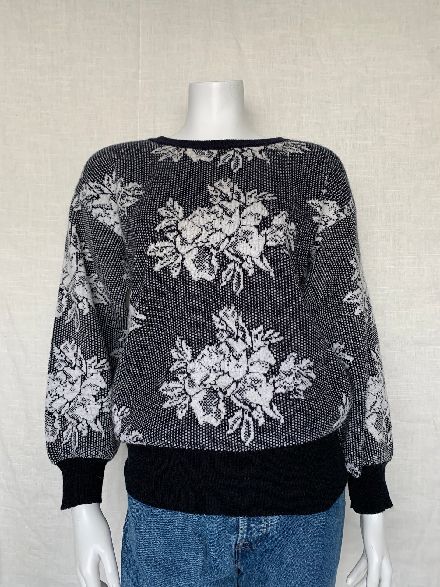 Nuggets Black and White Floral Pullover Sweater