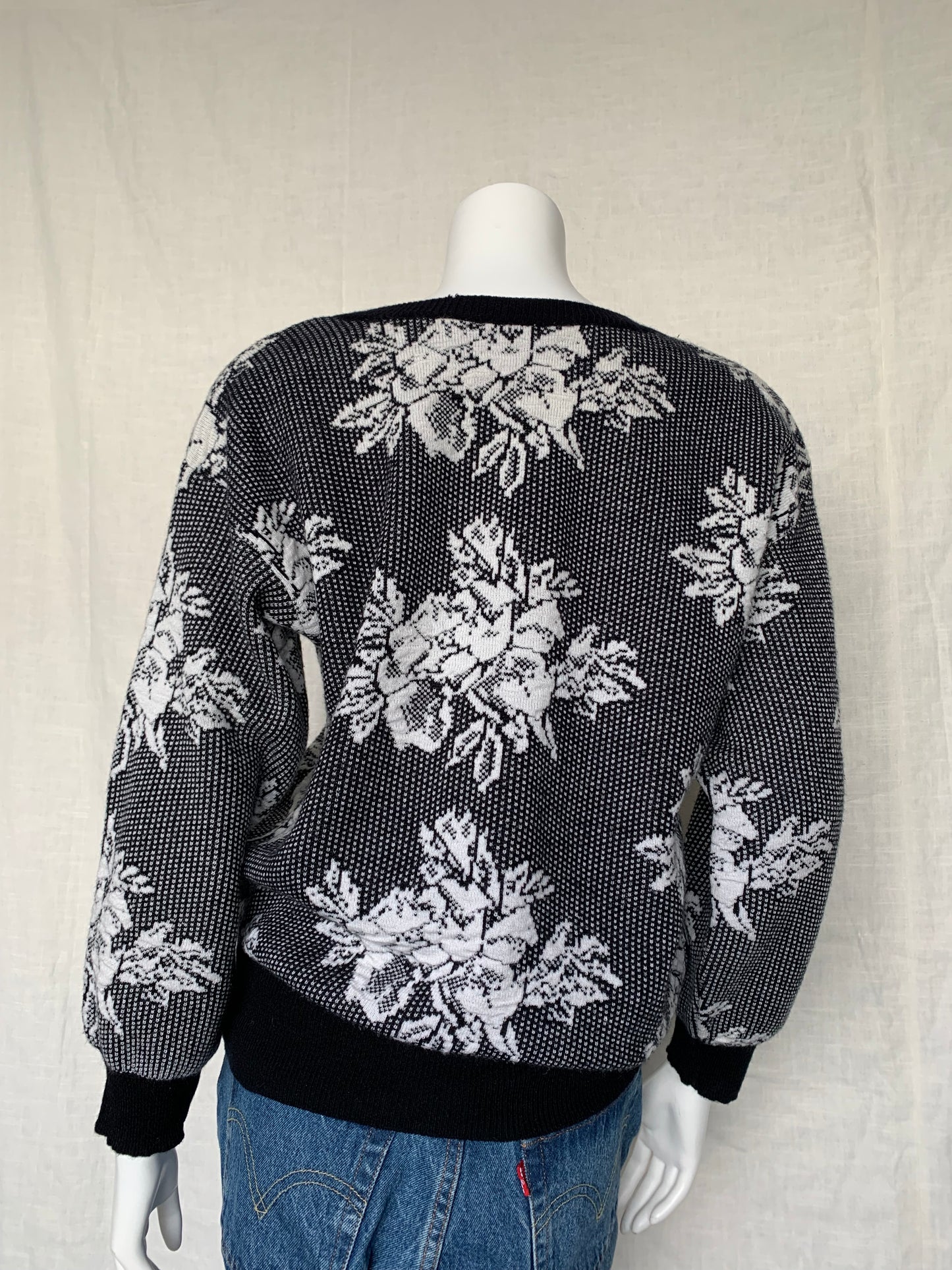 Nuggets Black and White Floral Pullover Sweater